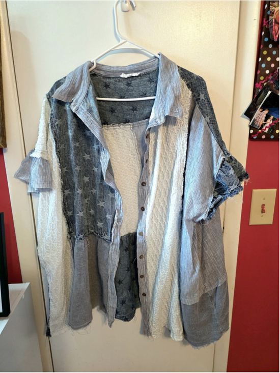 TALULAH Tops - Shop Talulah Patchwork Light Blue Star Button-Front Oversized Top 1X